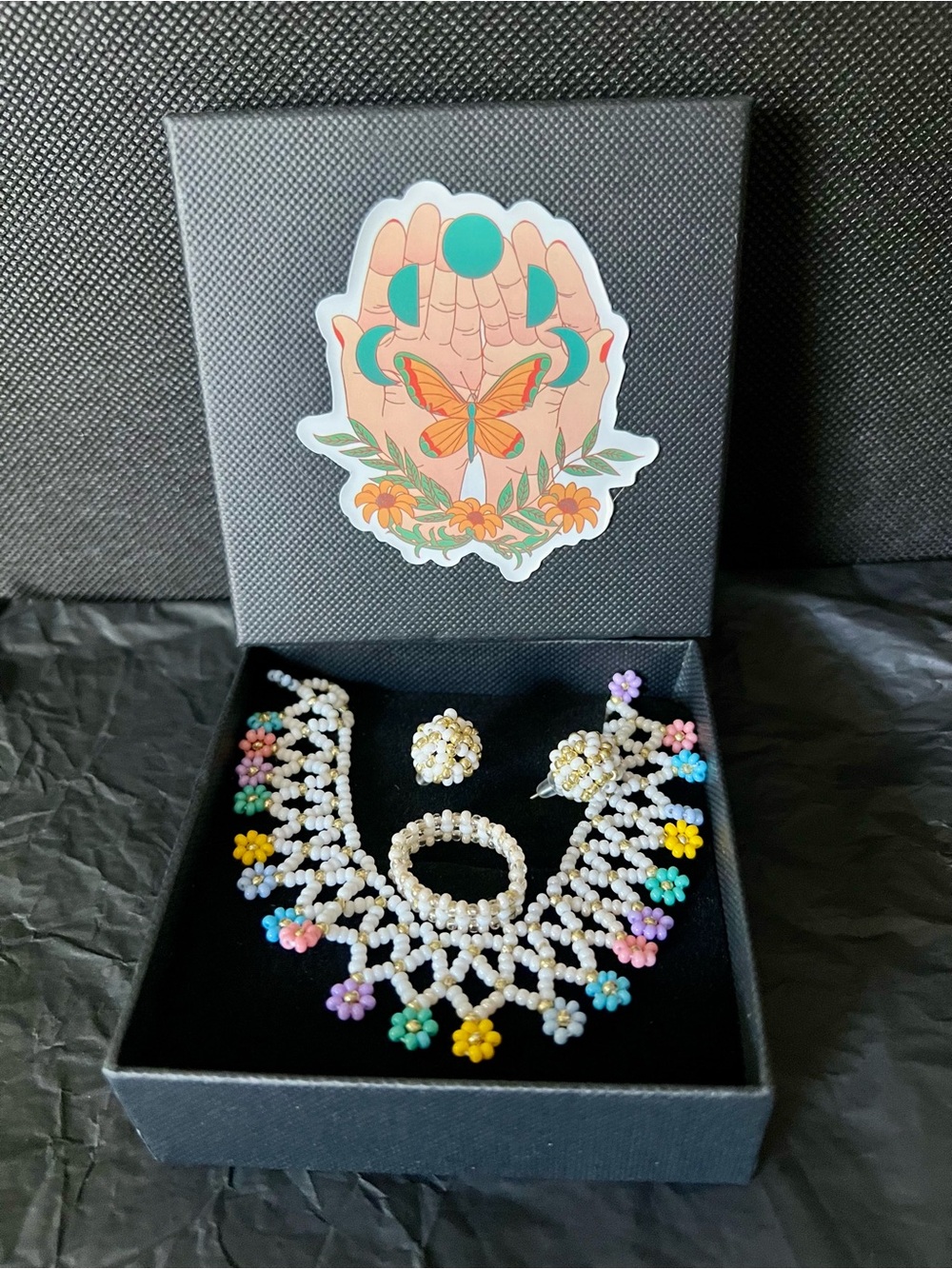 Handmade White Bead Necklace Set with Multicolor Flower Accents